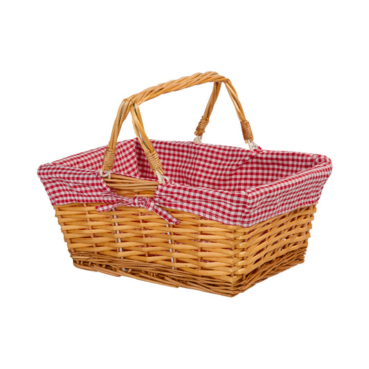 Wicker Basket with Red Gingham Liner and Foldable Handles Gift Hamper Shopping Basket Wedding Flower Girl Basket Home Storage Decoration