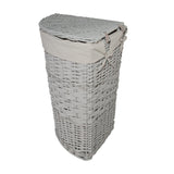 Lidded Grey Wicker Corner Linen Storage Laundry Basket with Cotton Liner