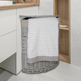 Lidded Grey Wicker Corner Linen Storage Laundry Basket with Cotton Liner