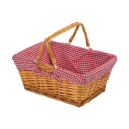 Wicker Basket with Red Gingham Liner and Foldable Handles Gift Hamper Shopping Basket Wedding Flower Girl Basket Home Storage Decoration