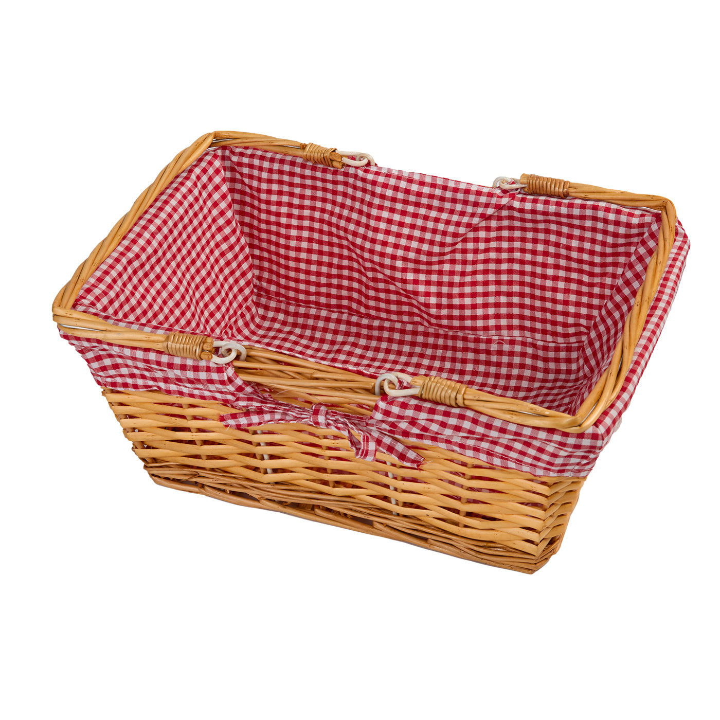 Wicker Basket with Red Gingham Liner and Foldable Handles Gift Hamper Shopping Basket Wedding Flower Girl Basket Home Storage Decoration