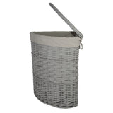 Lidded Grey Wicker Corner Linen Storage Laundry Basket with Cotton Liner