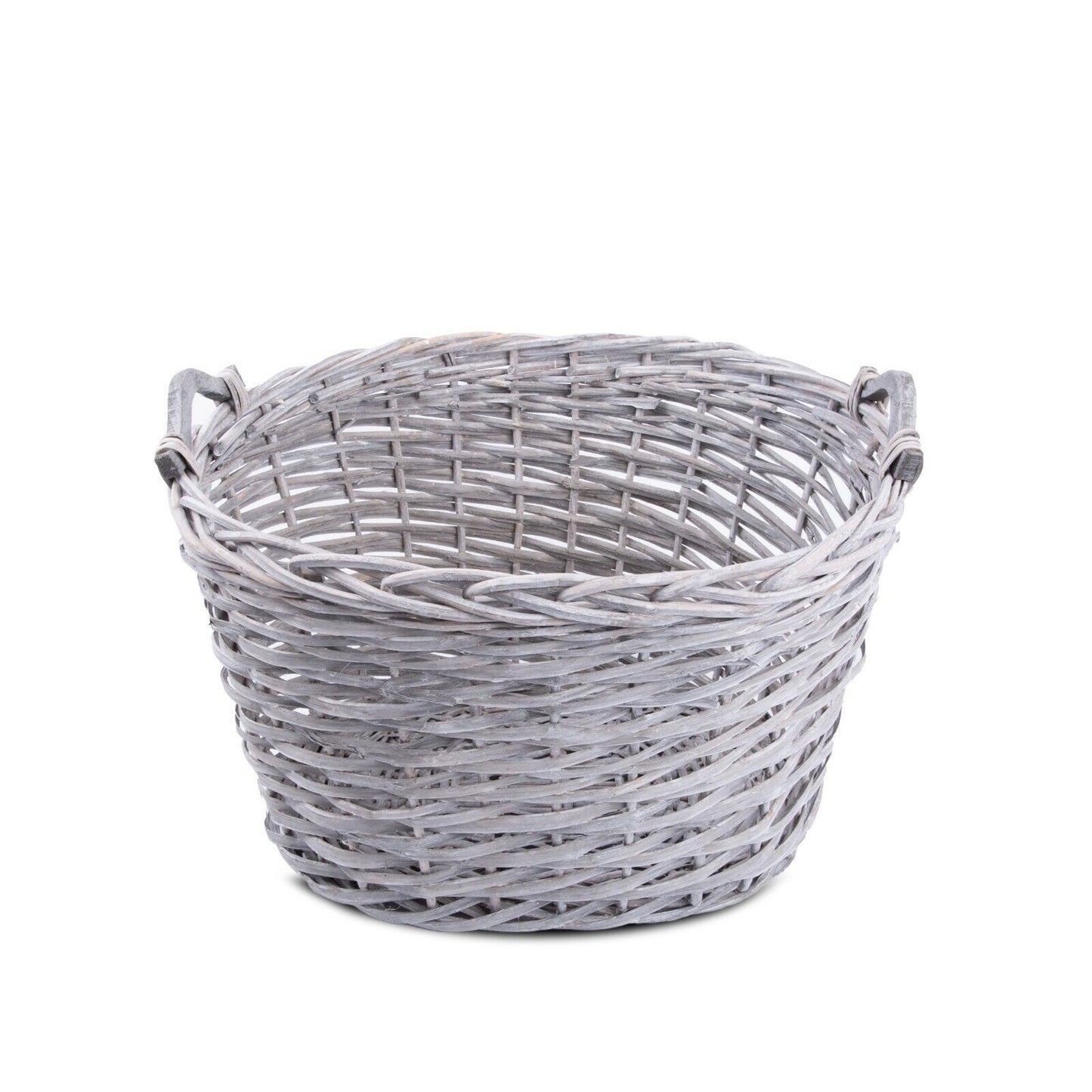 Oval Grey Washed Chunky Wicker Fireside Storage Heavy Duty Log Basket