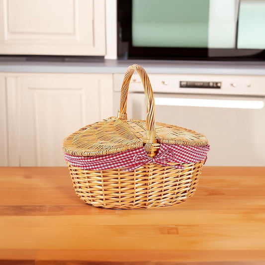 BH Natural Wicker Basket Lined Foldable Lid With Handle Picnic Camping Outdoors