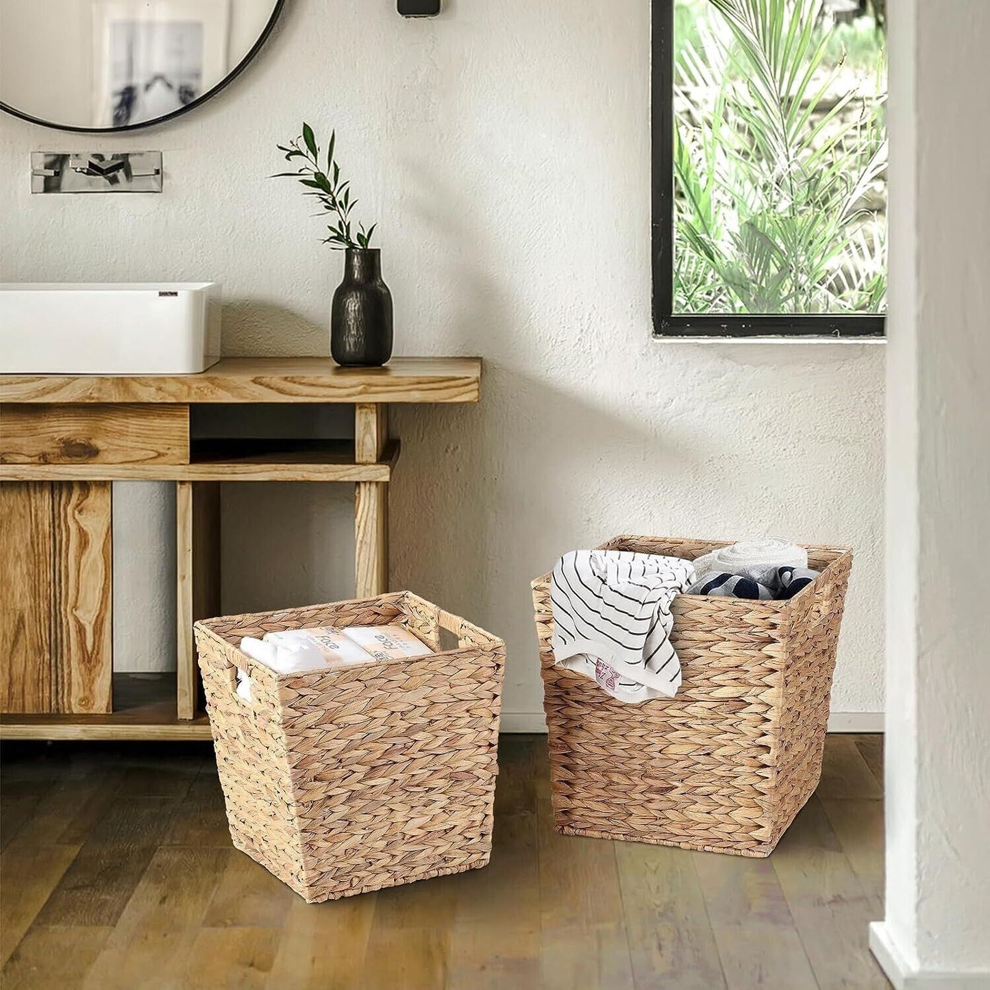 BH Square Unlined Water Hyacinth Storage  Built-In Handle Laundry Basket Blanket