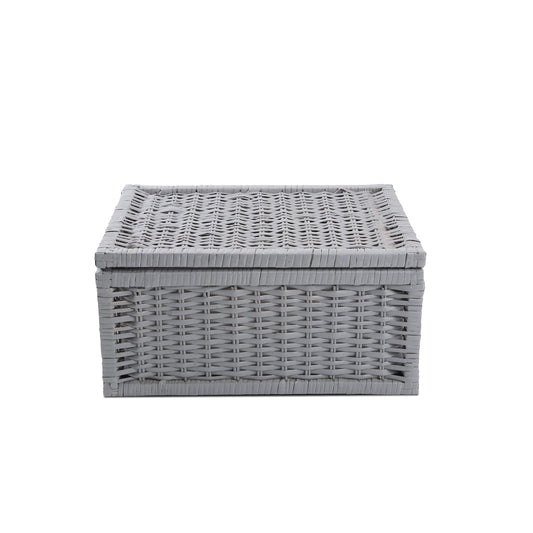 Grey Wicker Basket with Lid Underbed Storage Collection Hamper Wicker Basket