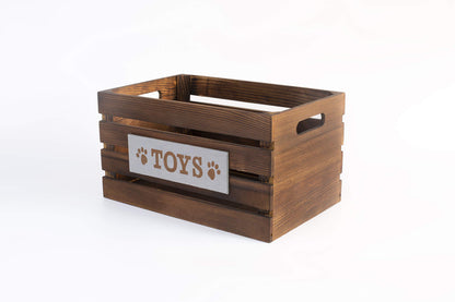 Brown Paw Print Dog Toys Chest Storage Collection Box Wooden Crates Gift Hampers