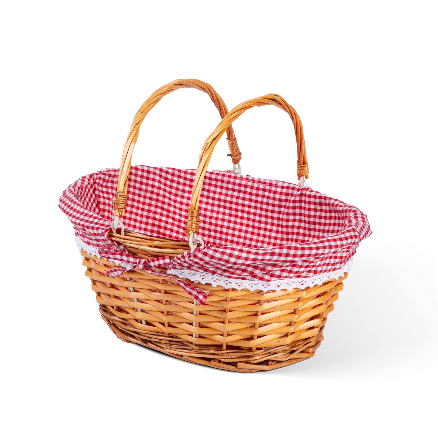 Lightweight Honey Color Wicker Shopping Basket with Foldable Handles Red Gingham Cotton Liner Gift Hampers Gift Basket