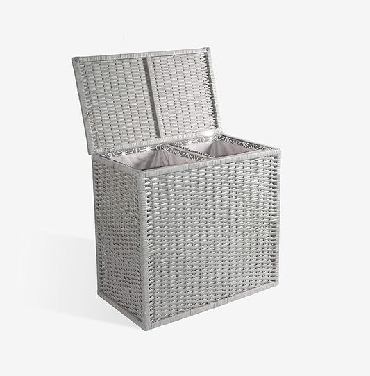 Grey 2 Compartments Wicker Laundry Basket with Lining