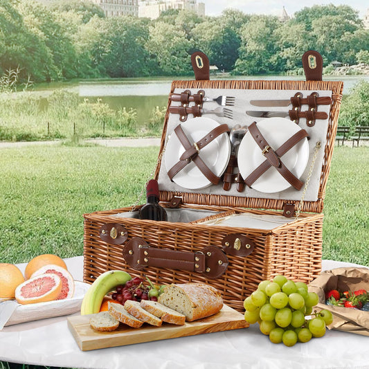 Wicker Picnic Baskets For 4 With Cooler Compartment/Cutlery Set for 4/ Plates