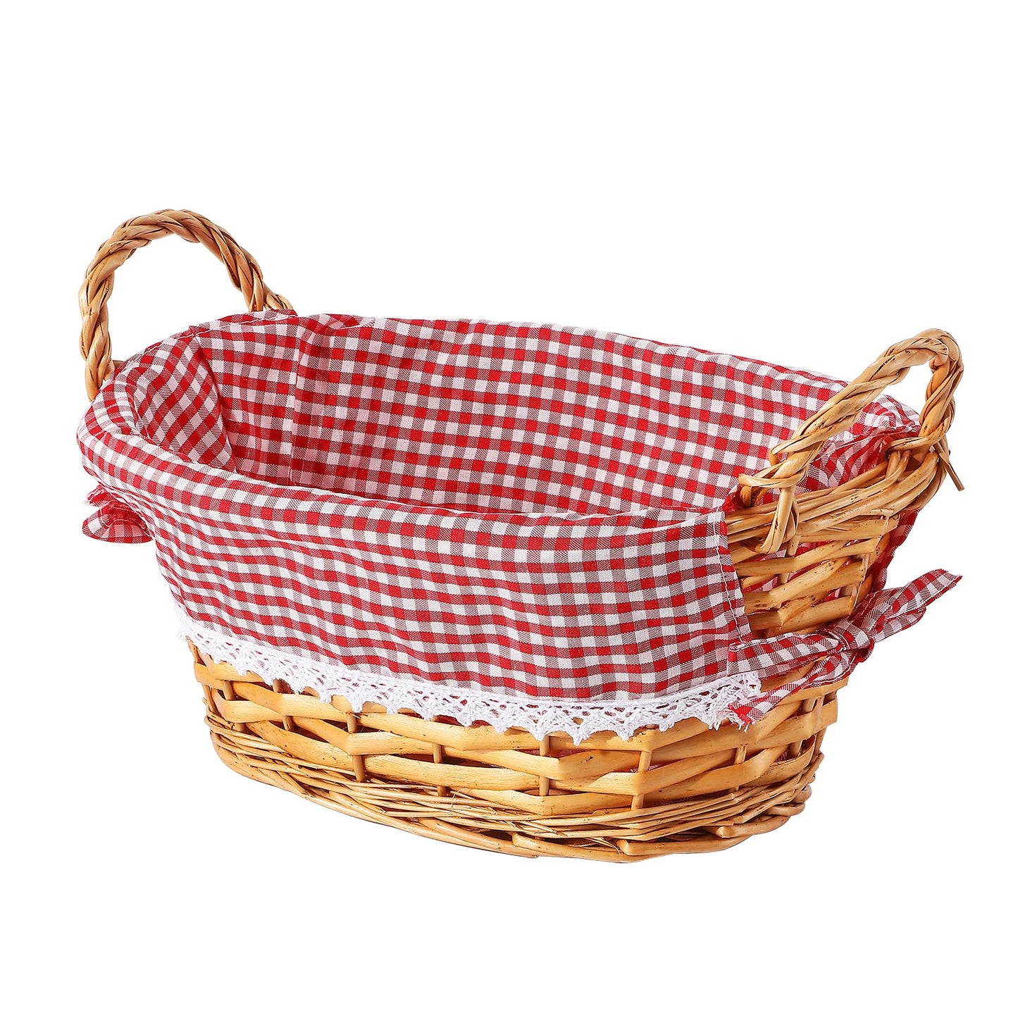 3PCS Oval Traditional Wicker Bread Basket with Handles Red Gingham Liner Kitchen Storage Basket Trade Countertop Basket Gift Basket