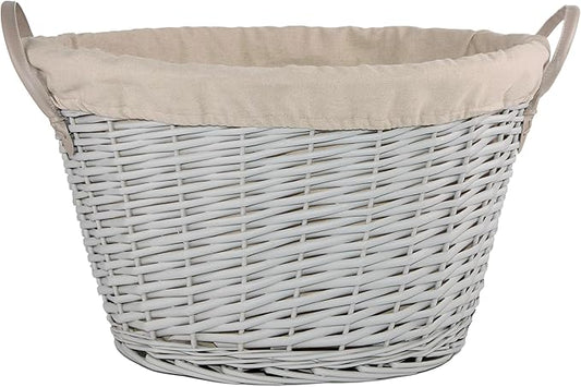 Grey Oval Wicker Storage Wash Basket with Lining