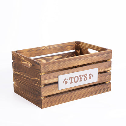 Brown Paw Print Dog Toys Chest Storage Collection Box Wooden Crates Gift Hampers