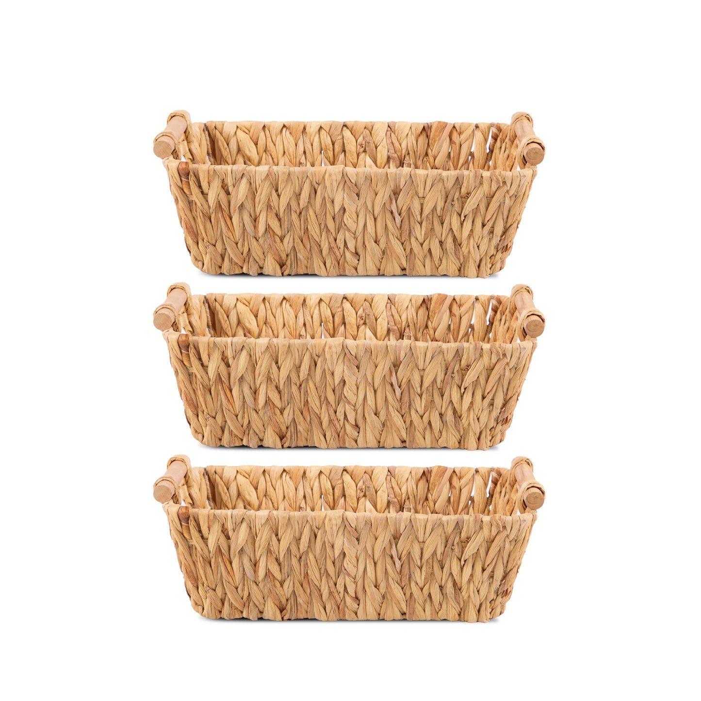 3 PCS Water Hyacinth Storage Baskets with Wooden Handles Bathroom Storage Baskets Gift Hampers Countertop Retail Display Baskets