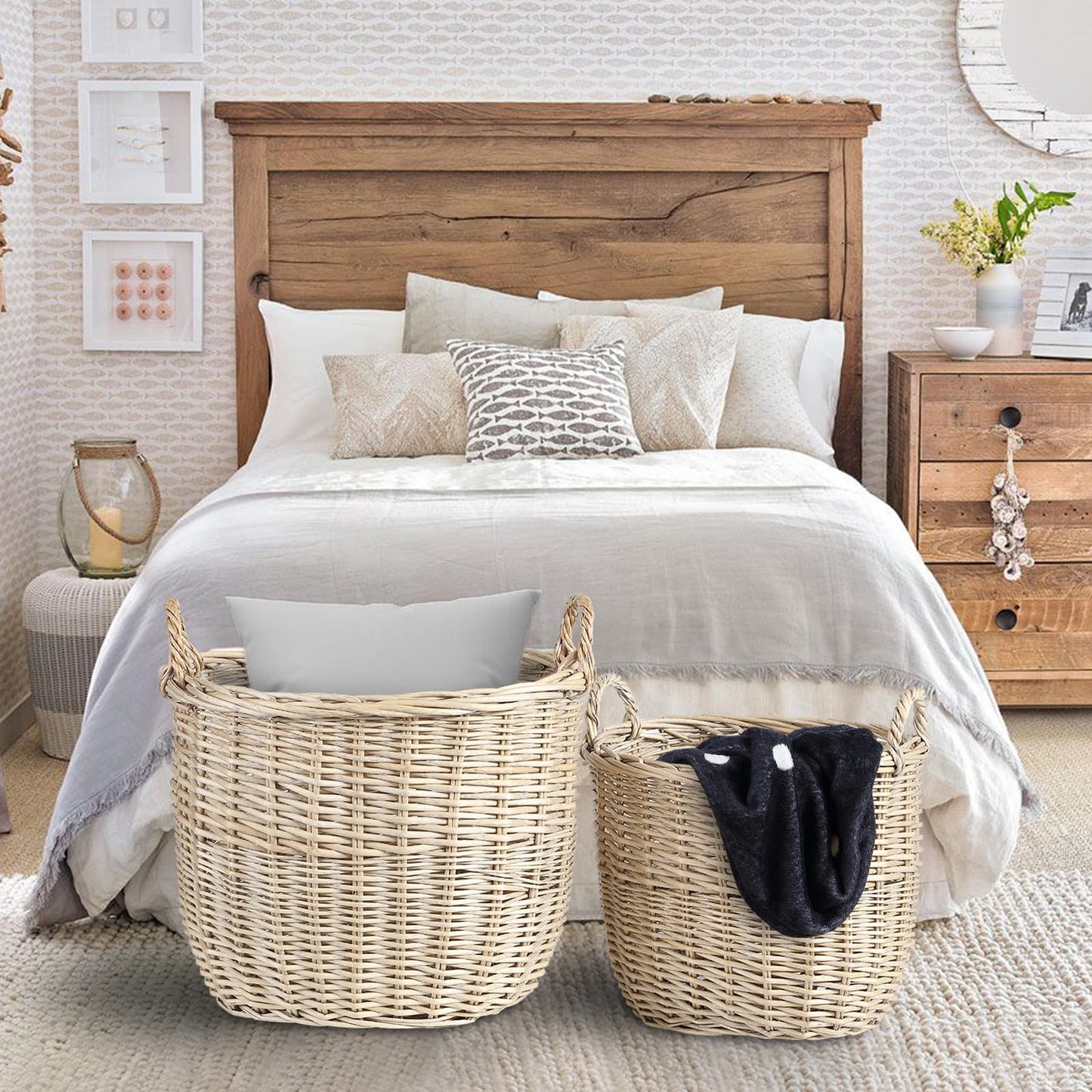 Natural Wicker Basket with Handle Log Basket Fire Wood Store Wicker Laundry Basket Children Wicker Basket Blanket Basket