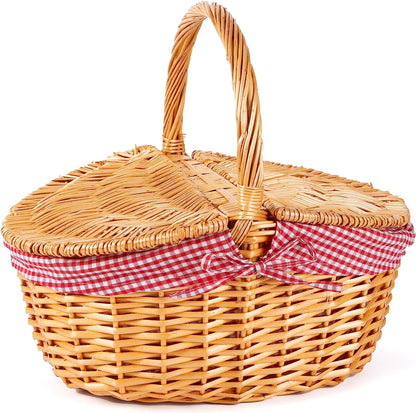 Two Lids Wicker Picnic Basket with High Handle