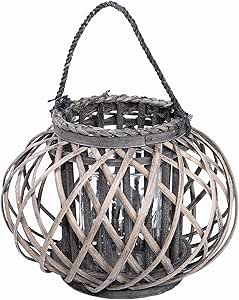 Grey Wash Round Willow Candle Lantern