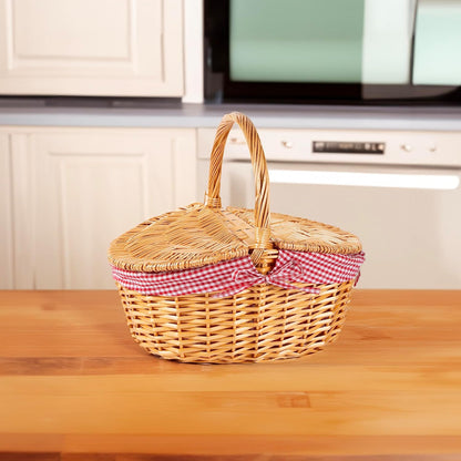 Two Lids Wicker Picnic Basket with High Handle