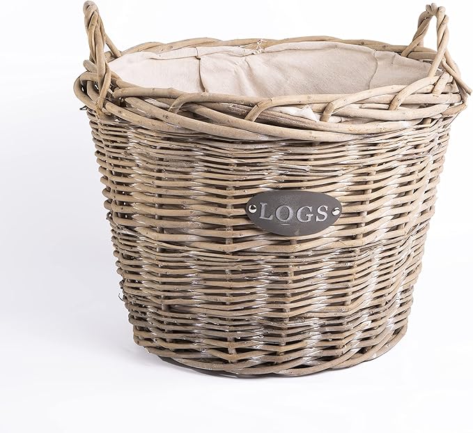 Antique Wash Round Log Basket with Lining