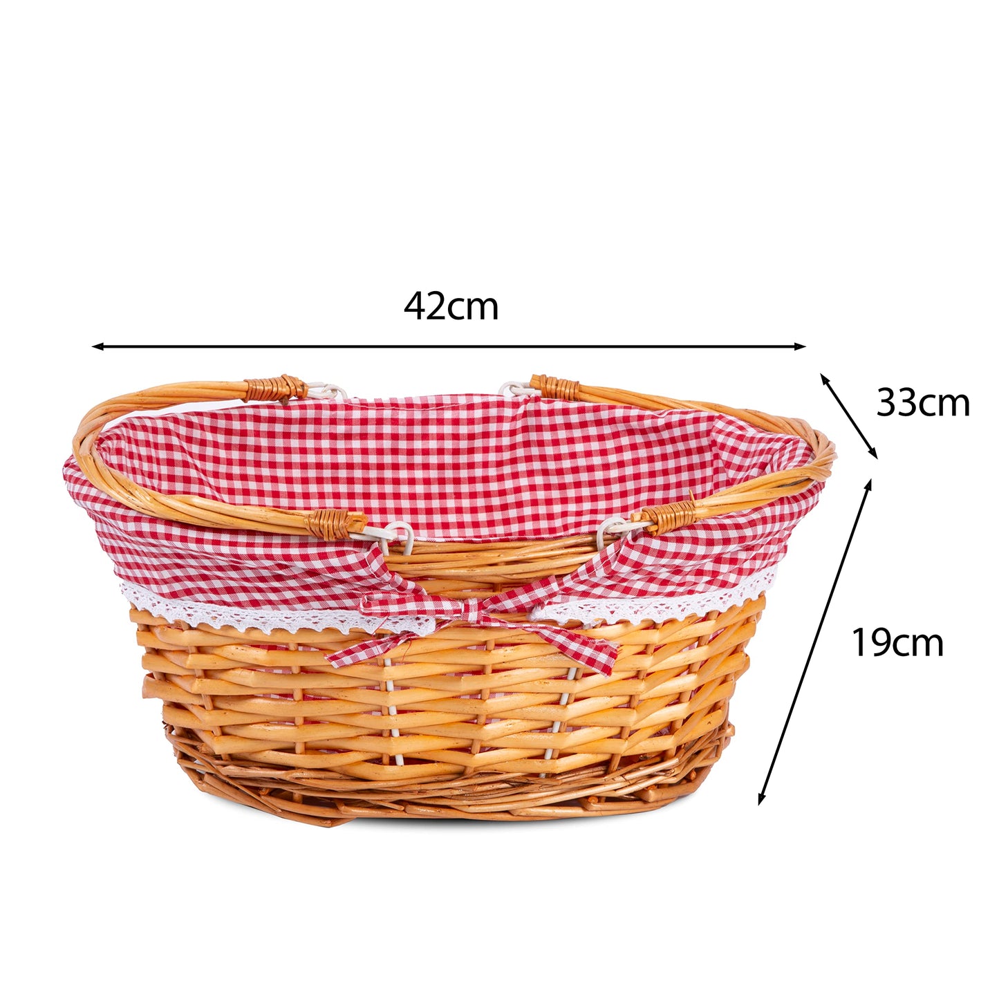 Lightweight Honey Color Wicker Shopping Basket with Foldable Handles Red Gingham Cotton Liner Gift Hampers Gift Basket