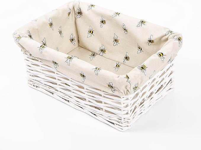 White Wicker Storage Basket with bee-patterned Lining