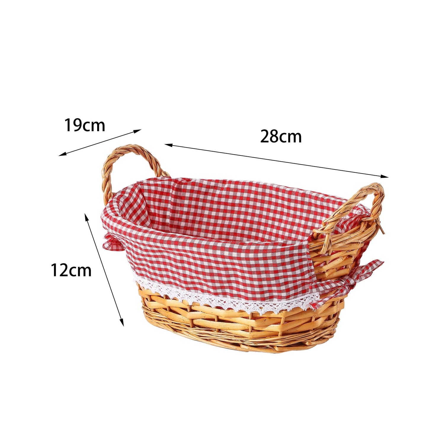 3PCS Oval Traditional Wicker Bread Basket with Handles Red Gingham Liner Kitchen Storage Basket Trade Countertop Basket Gift Basket