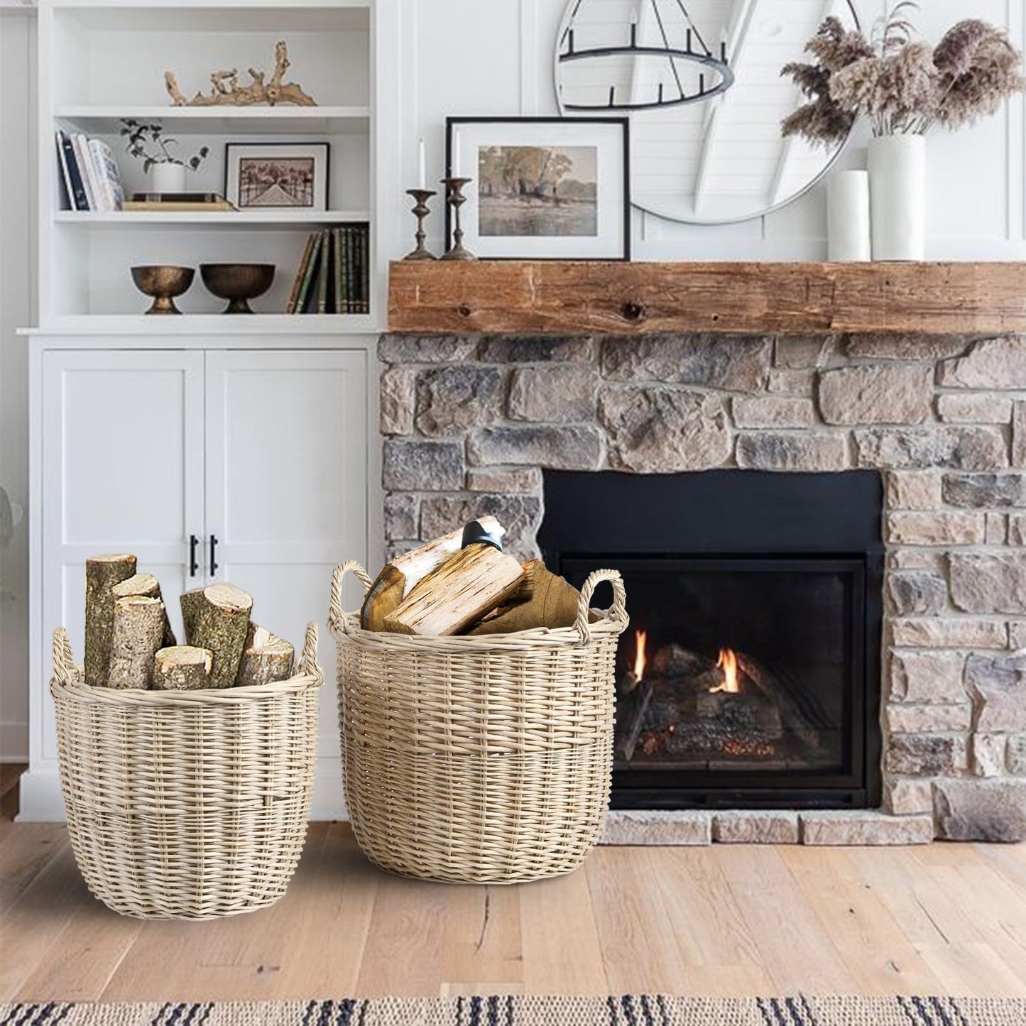 Natural Wicker Basket with Handle Log Basket Fire Wood Store Wicker Laundry Basket Children Wicker Basket Blanket Basket