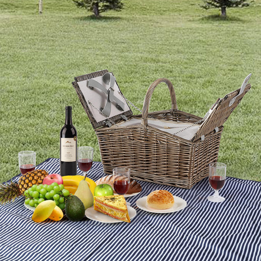 Two Lids Wicker Picnic Basket Set For 4 With High Handles/Insulated Cooler Compartment/Cutlery Set/Plates