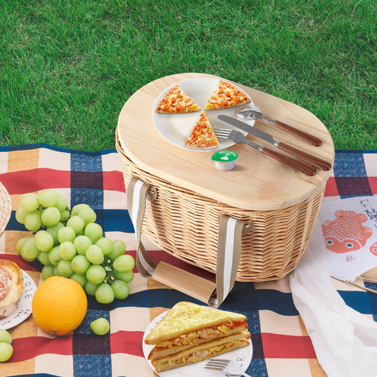 Wicker Picnic Baskets For 2 With Insulated Cooler Compartment/Wooden Serving Board/Cutlery Set for 2