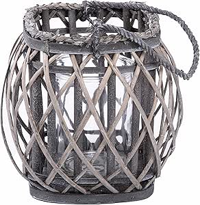 Grey Wash Cube Shaped Willow Candle Lantern