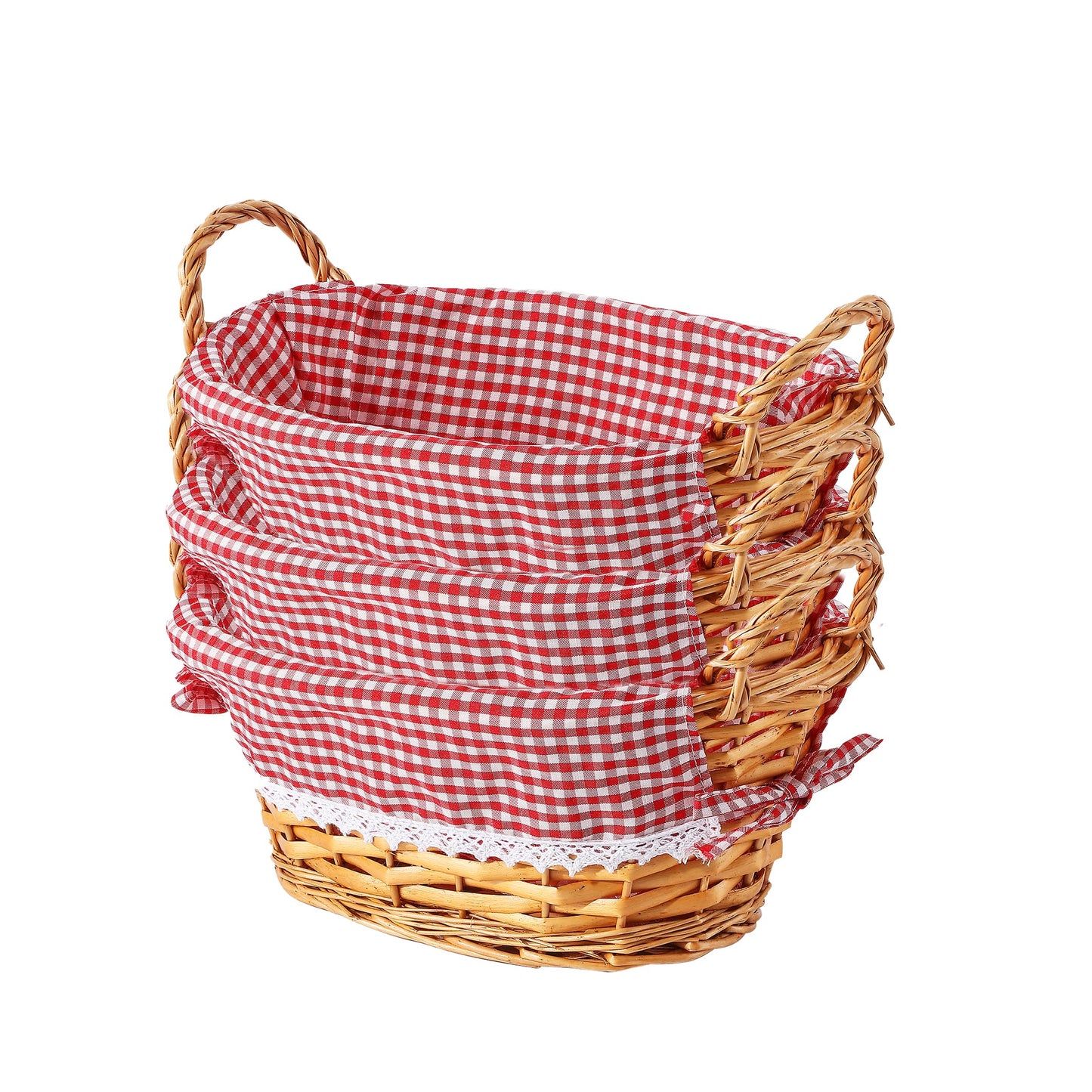 3PCS Oval Traditional Wicker Bread Basket with Handles Red Gingham Liner Kitchen Storage Basket Trade Countertop Basket Gift Basket