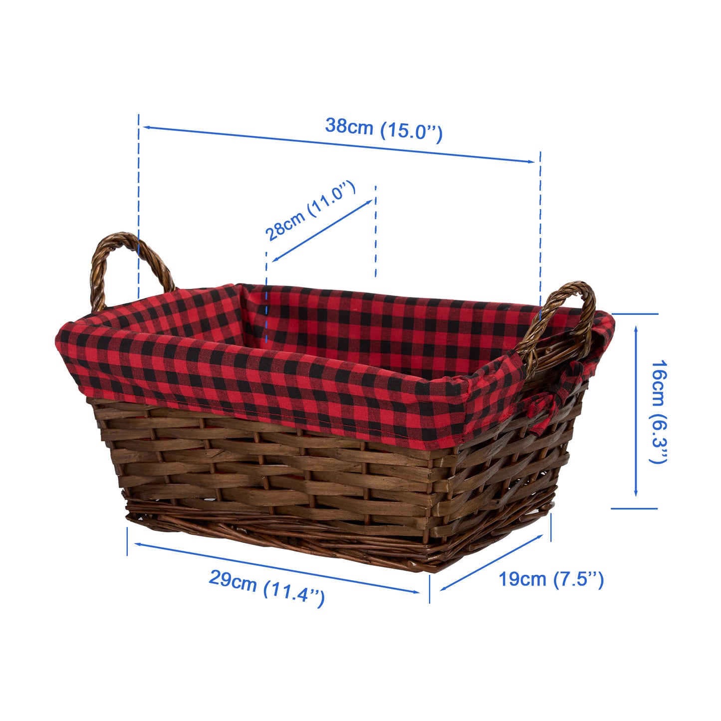 Wicker Basket with Plaid Liner and Handles for Home Storage Collection Gift Hamper Window Display Decoration