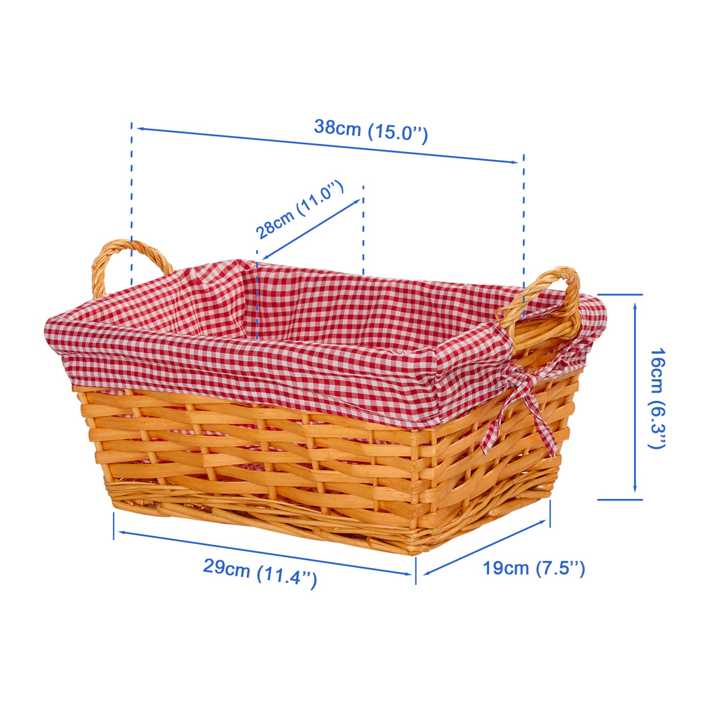 Wicker Basket with Plaid Liner and Handles for Home Storage Collection Gift Hamper Window Display Decoration