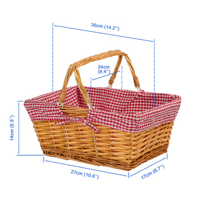 Wicker Basket with Red Gingham Liner and Foldable Handles Gift Hamper Shopping Basket Wedding Flower Girl Basket Home Storage Decoration