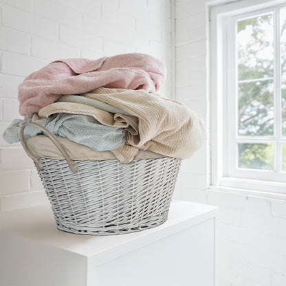 Grey Oval Wicker Storage Wash Basket with Lining