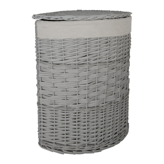 Lidded Grey Wicker Corner Linen Storage Laundry Basket with Cotton Liner