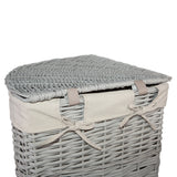 Lidded Grey Wicker Corner Linen Storage Laundry Basket with Cotton Liner