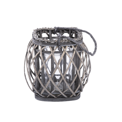 Grey Wash Cube Shaped Willow Candle Lantern