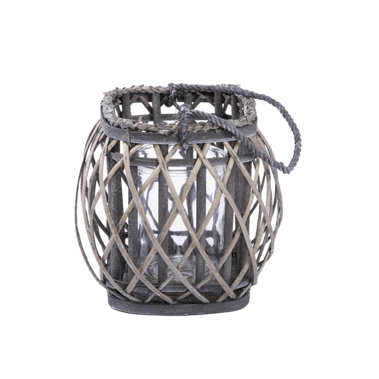 Grey Wash Cube Shaped Willow Candle Lantern