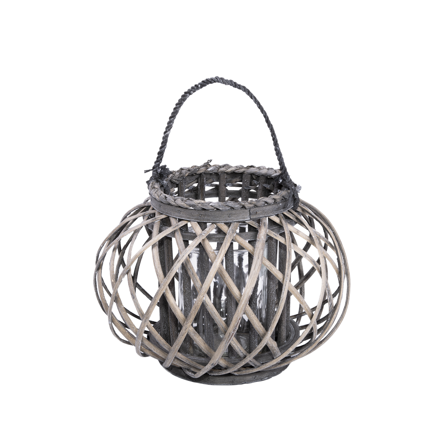 Grey Wash Round Willow Candle Lantern