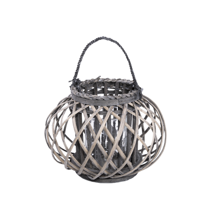 Grey Wash Round Willow Candle Lantern