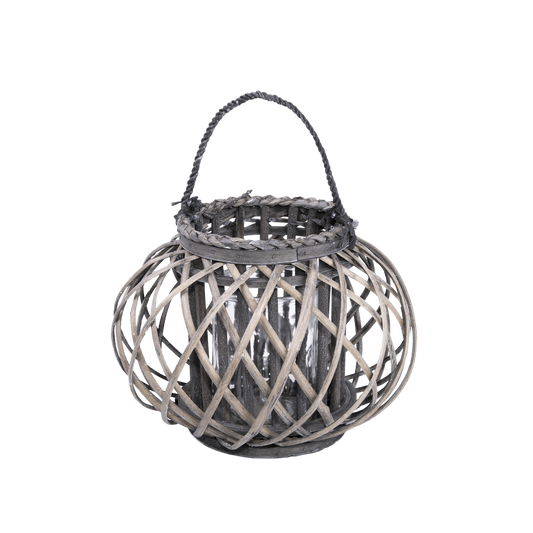 Grey Wash Round Willow Candle Lantern