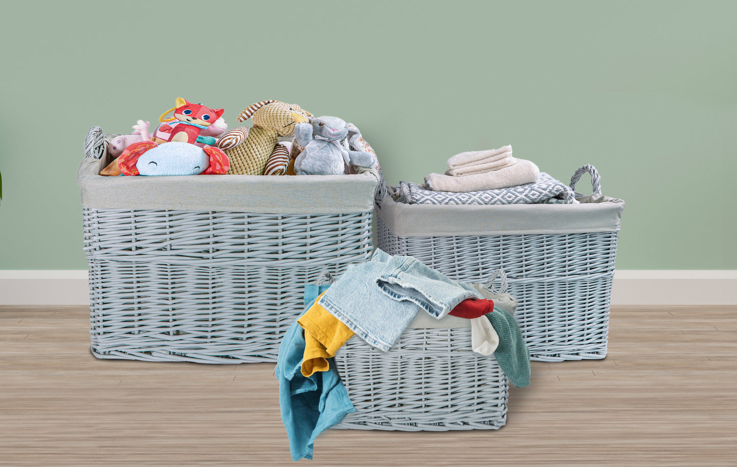 Home Storage Grey Painted Wicker Basket for Laundry Toys Baby Nursery Collection Reusable Detachable Washable