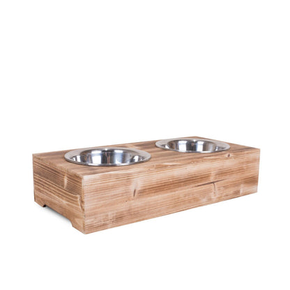 Dog Food Feeding Stand Station Stainless Double Raised  Bowls Wooden Crate