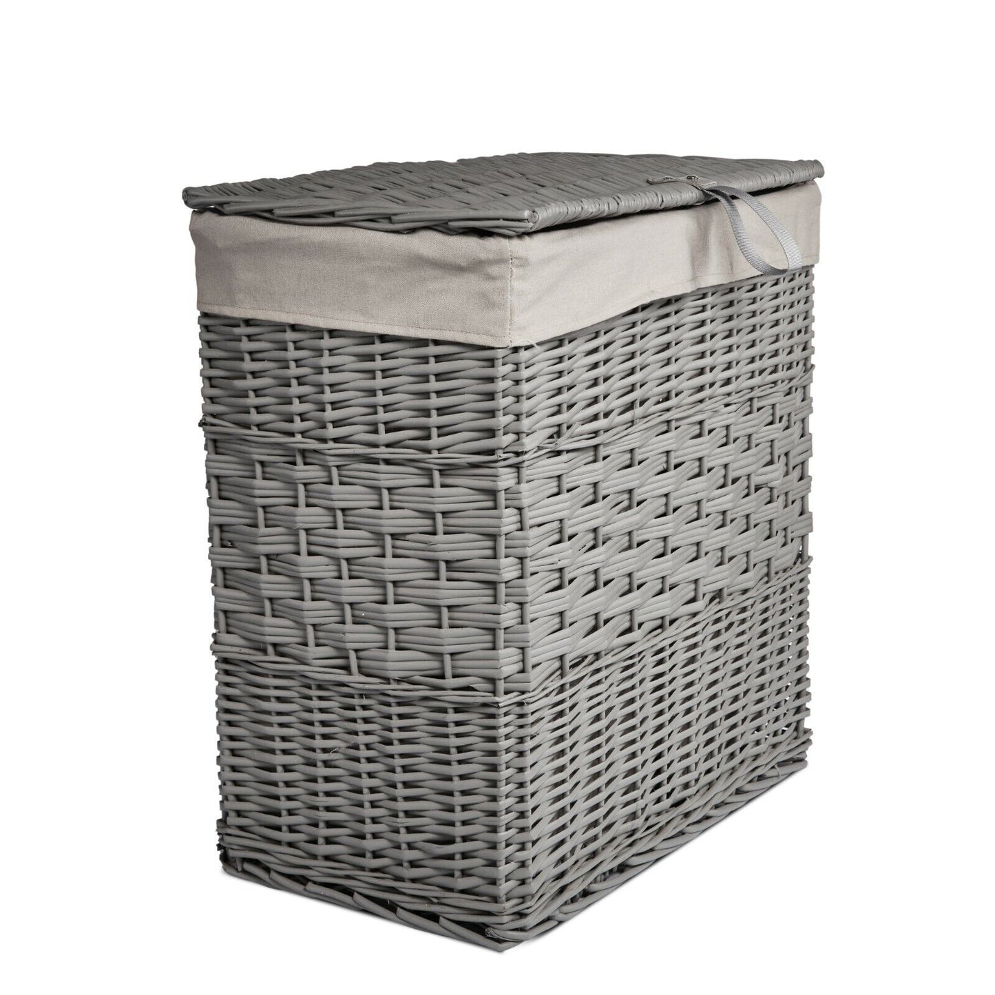 Grey Paint Laundry Basket Two Sides Compartments With Lid Bathroom Storage