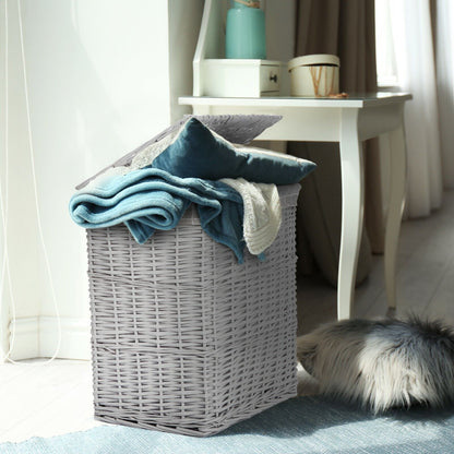 Grey Paint Laundry Wicker Basket Cotton Lining With Lid Bathroom Storage