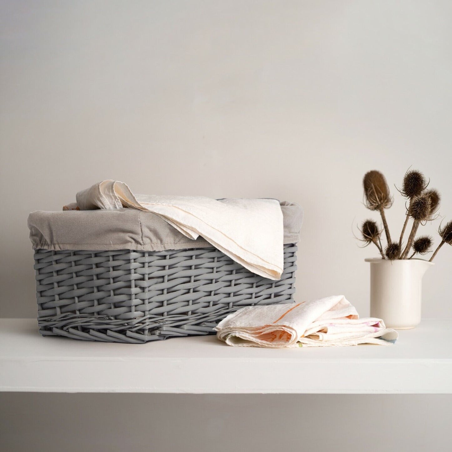 Grey Painted Wicker Storage Basket Shelf Organization Gift Hamper Bathroom