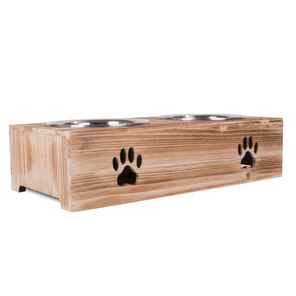 Dog Food Feeding Stand Station Stainless Double Raised  Bowls Wooden Crate