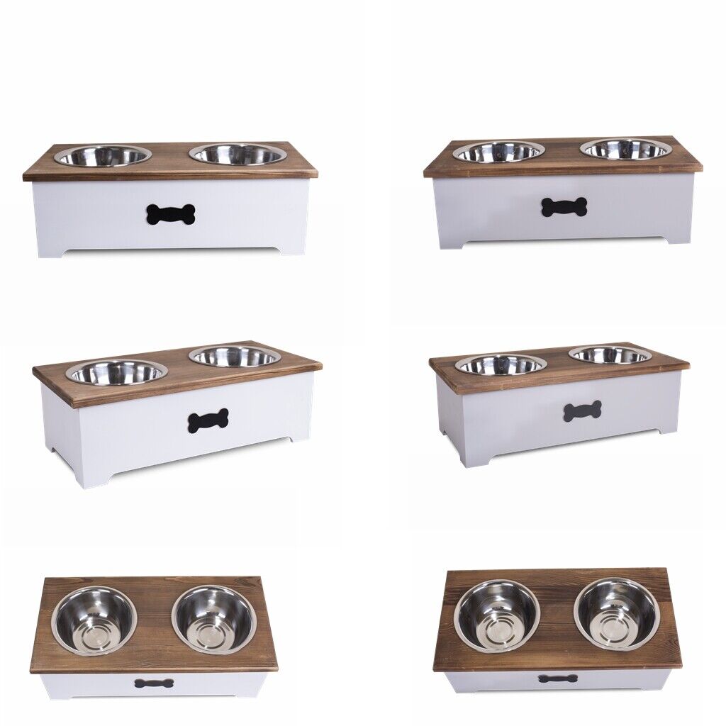 Luxury Dog Food Feeding Stand Station Stainless Double Raised  Bowls Wooden