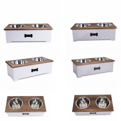 Luxury Dog Food Feeding Stand Station Stainless Double Raised  Bowls Wooden